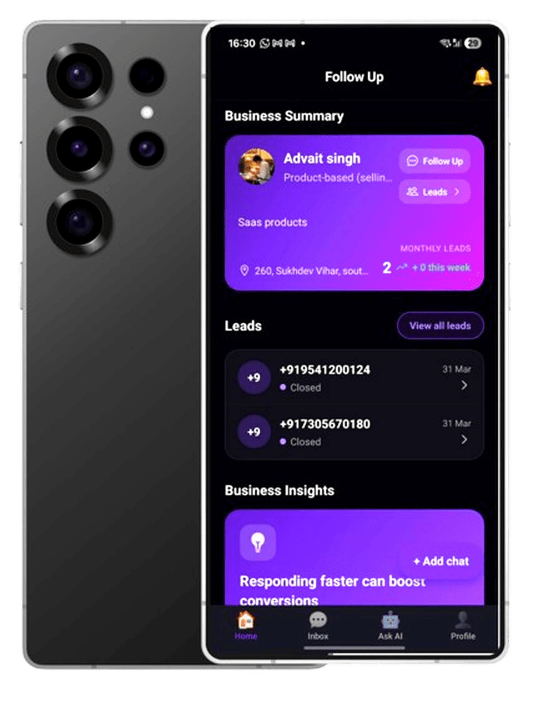 FollowUp app on mobile — business summary, leads, and insights